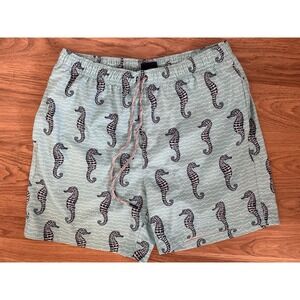 Swim Trunks men's Medium Rainforest blue sea‎ horse print ocean beachy lined